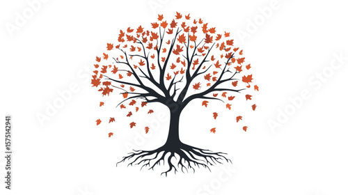 Autumn Tree with Falling Leaves and Roots Spread Out