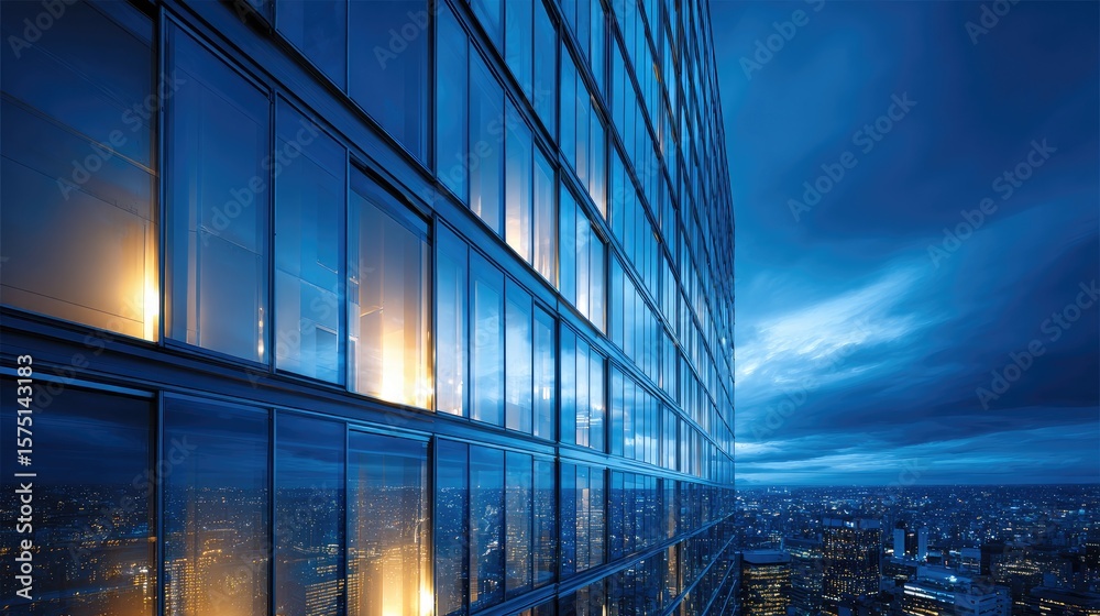 Fototapeta premium Modern skyscraper facade at twilight.