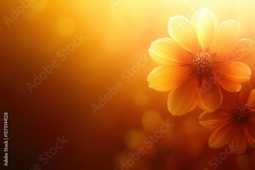 Close-up of vibrant orange flowers bathed in warm golden sunlight with soft glowing background creating a peaceful and radiant atmosphere
