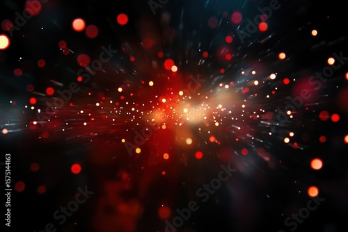 Abstract image of glowing red and orange particles radiating outward against a dark background creating a sense of dynamic motion and energy