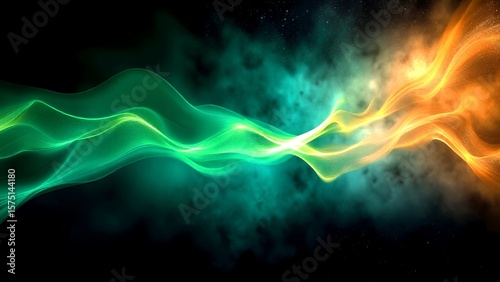 Vivid green and orange light waves intertwine against a dark cosmic background, creating a dynamic, flowing abstract energy visual.
