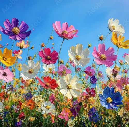 Bright and colorful wildflowers blooming under clear blue sky in a cheerful meadow