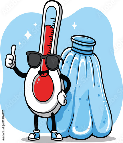 A thermometer mascot with arms, wearing sunglasses and giving a thumbs-up, standing next to an ice pack, vector style
