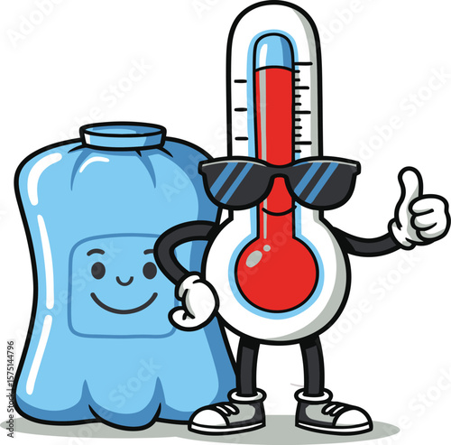 A thermometer mascot with arms, wearing sunglasses and giving a thumbs-up, standing next to an ice pack, vector style
