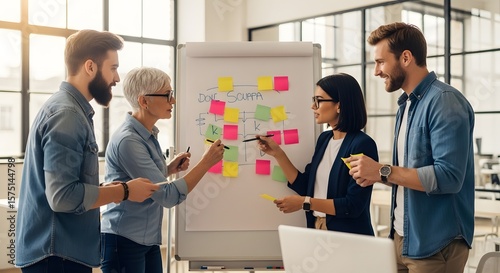 Four people in a bright office collaborate around a whiteboard with sticky notes