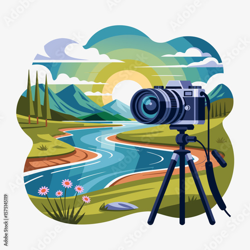 A camera on a tripod, capturing a scenic landscape at sunrise.