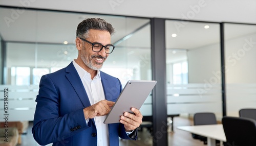 Senior Indian business man using touchscreen device in office. Professional executive in suit dreaming and consulting. Copy space.