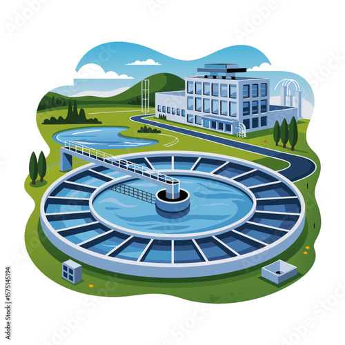 Illustration of a wastewater treatment plant with a circular clarifier and a modern building against a landscape backdrop.