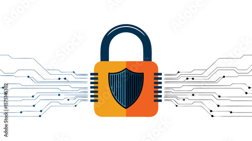 Cybersecurity padlock with integrated shield, protected by circuit board pathways.