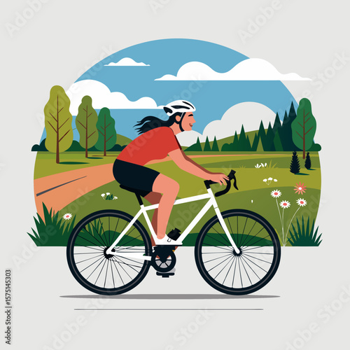 Woman cycling happily through a scenic parkland on a sunny day.