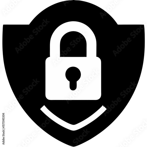 A black and white shield icon featuring a padlock, representing security.