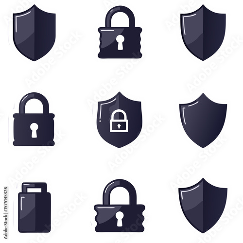 A collection of nine security icons featuring shields and padlocks in a dark color scheme.