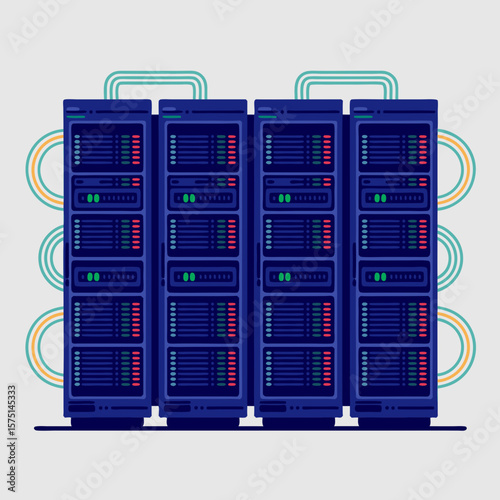 Illustration of server racks in a data center, showing connectivity and components.