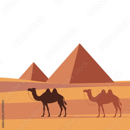 Two camels traverse a desert landscape, silhouetted against the majestic backdrop of ancient pyramids.