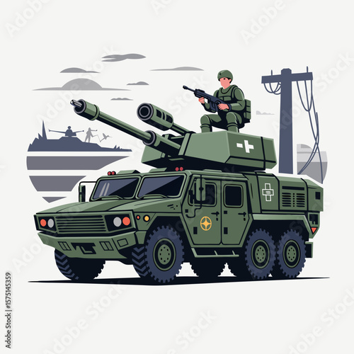 An illustration of a military vehicle with a soldier, set in a war zone.