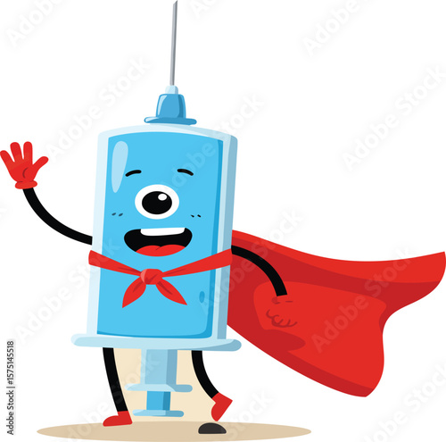 A friendly syringe with smiling face, waving hand, and superhero cape, modern vector art
