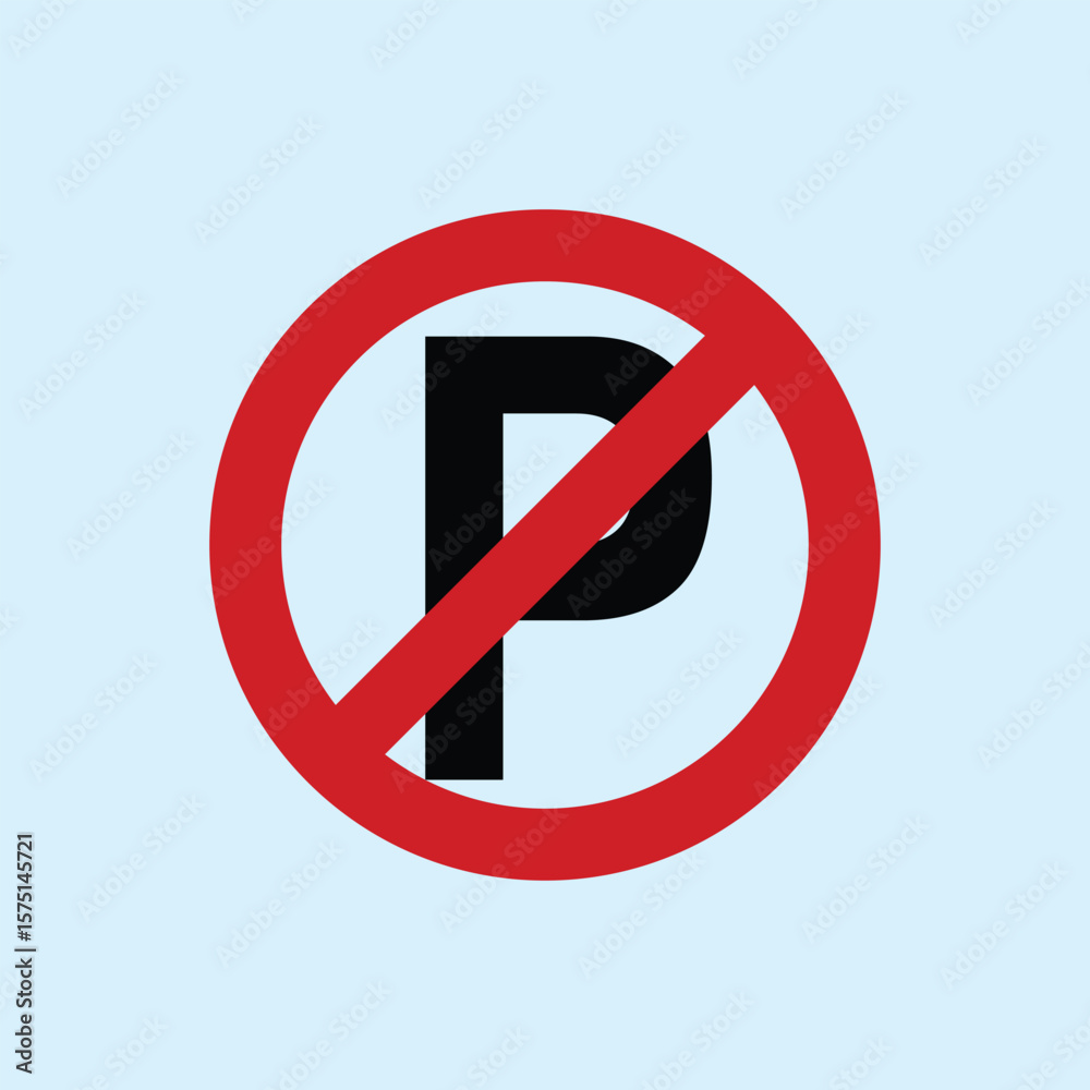 Obraz premium Illustration of a no parking sign with the letter P crossed out in red, light blue background, a general warning symbol not to park vehicles in certain areas.