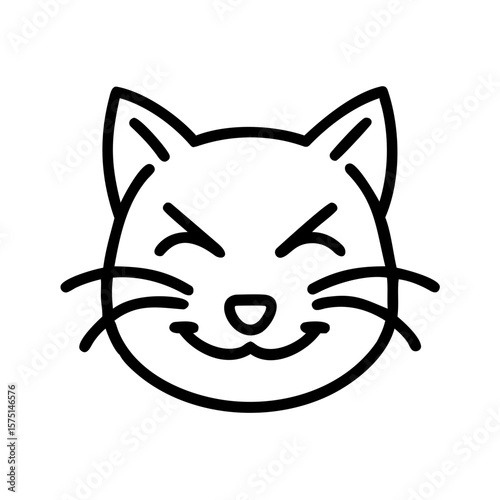 A cute cat in a simple black outline illustration of happy expression. capturing the pure joy and triumph.
