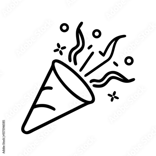 A simple line art of a party popper, celebrating with a festive explosion of streamers, conveying a sense of joy and excitement, perfect for conveying celebratory event.