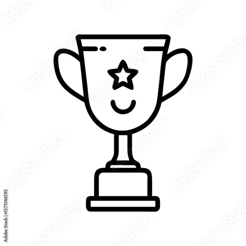 A simple illustration of a trophy featuring a star with smiling face, designed in a minimalistic, line-art style. Representing achievement and rewards.
