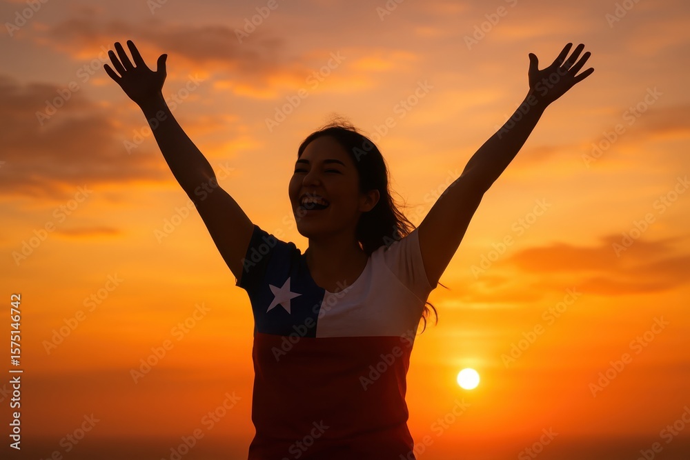 Confident young woman from Chile celebrating success with arms raised against vibrant sunset backdrop Confident young woman from Chile celebrating success with arms raised against vibrant sunset backdrop