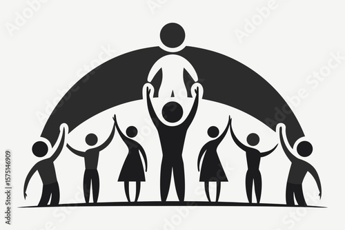 Diverse group of people celebrating success under a protective arch and leadership guidance