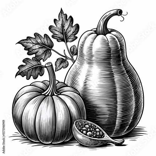 Vintage engraving style illustration of two pumpkins with leaves and a spoonful of seeds