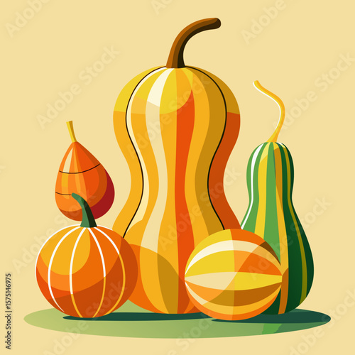 A stylized illustration of a variety of colorful gourds and pumpkins arranged together on a light background