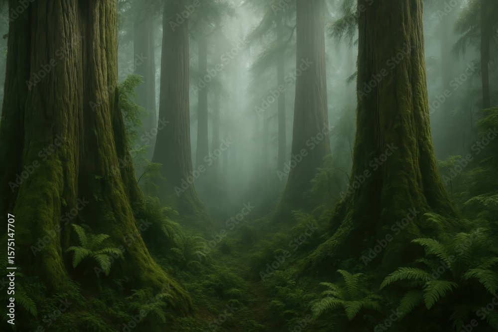 Fototapeta premium Ancient misty rainforest with towering trees and ethereal fog creating mystical atmosphere for environmental awareness