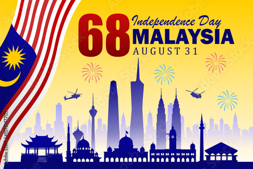 Celebration of Malaysia Independence Day poster. Hari Merdeka. on August 31st. Iconic Malaysian landmarks. Vector Illustration