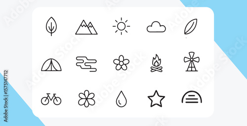 Nature and outdoor activity icons leaf mountains