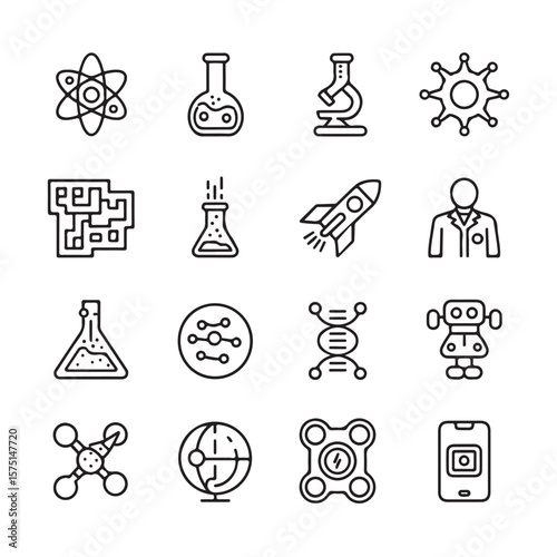 Science and technology icons collection atom flask
