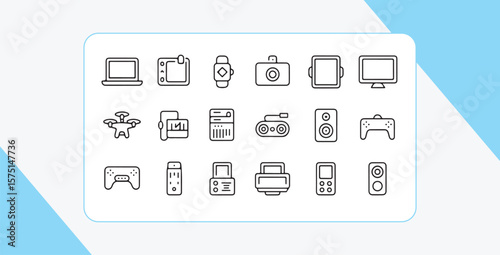 Electronic device icons including laptop camera drone and speakers technology