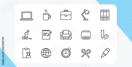 Office supplies and equipment icons laptop briefcase