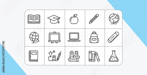 Open book graduation cap apple pencil globe laptop backpack ruler notebook vector