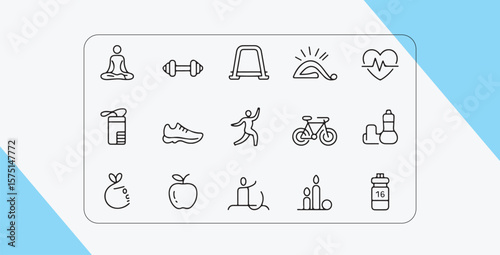 Healthy lifestyle icons including yoga meditation and exercise dumbbell
