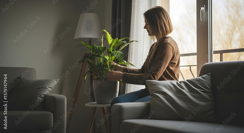 Fototapeta premium Woman tending to a houseplant by a window