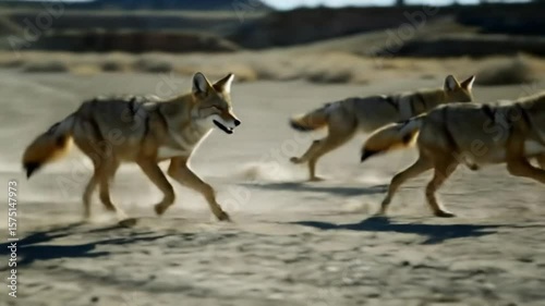 Coyotes running across a dry landscape with mountains in the background on a sunny day outdoors
