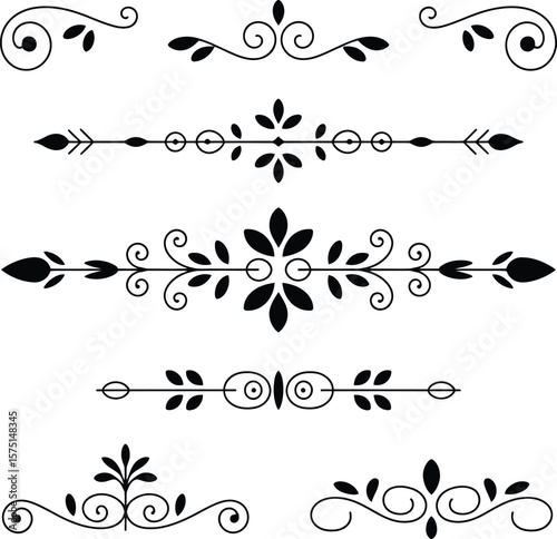 Collection of elegant black floral ornamental dividers and borders on white background