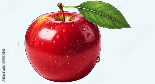 Vibrant Red Apple Illustration with Glossy Skin, Light Brown Stem, Vivid Green Leaf, and Subtle Water Droplets

