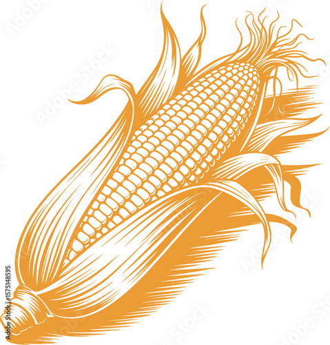 Stylized orange illustration of a ripe ear of corn with husks and silk