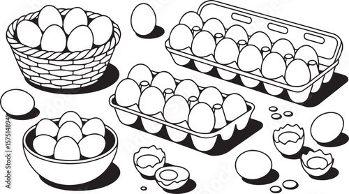 Basket bowl carton whole cracked eggs whole eggs
