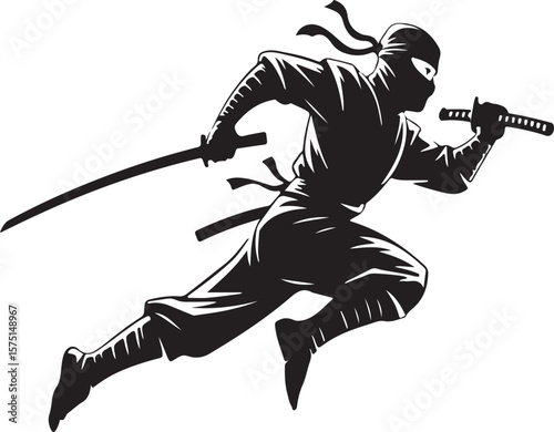 Black ninja warrior running with katana sword silhouette