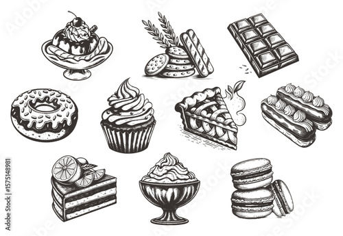 A diverse hand-drawn dessert set—ice cream sundae, chocolate bar, donut, cupcake, pie slice, eclairs, cake, macarons—in vintage engraving style. Ideal for bakery prints, menus, packaging.