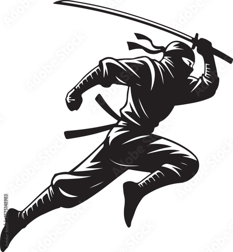 Black silhouette of a ninja warrior in dynamic motion with a sword vector