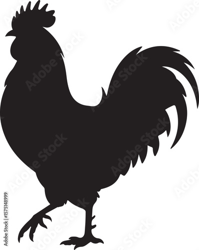 Black silhouette of a rooster walking with its head turned left bird fowl