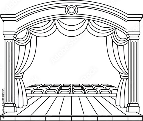 Empty theater stage with rows of seats and draped curtains