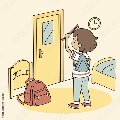A young student brushing hair in bedroom with bed, window, dresser, and backpack before going to school