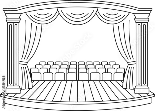 Empty theater stage with rows of seats and draped curtains and columns