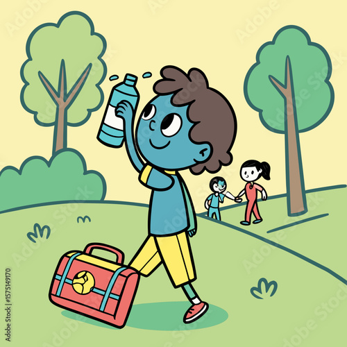 Person holding a lunchbox with the name johnny on it with two children playing in the background near a building